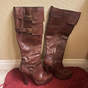 Chocolate brown genuine leather women’s boots with buckles thin platform
